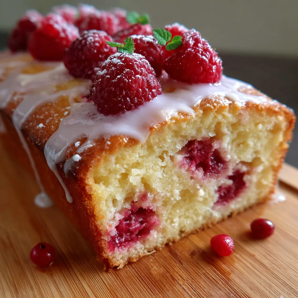Gâteau moelleux au yaourt et framboises servi sur une assiette, décoré de sucre glace