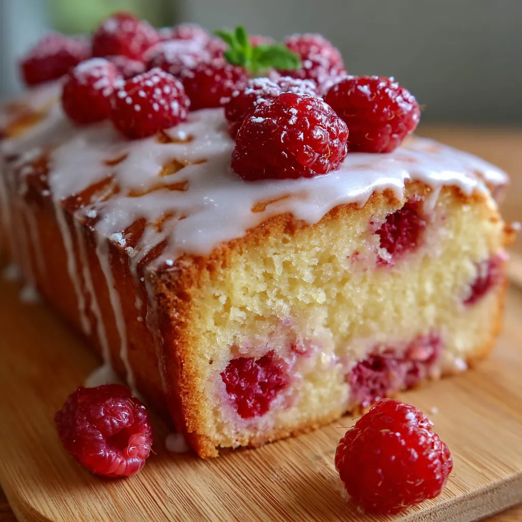 Gâteau moelleux au yaourt et framboises servi sur une assiette, décoré de sucre glace