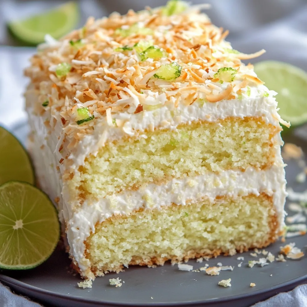 Gâteau citron vert et noix de coco moelleux nappé de glaçage citronné et décoré de noix de coco grillée.