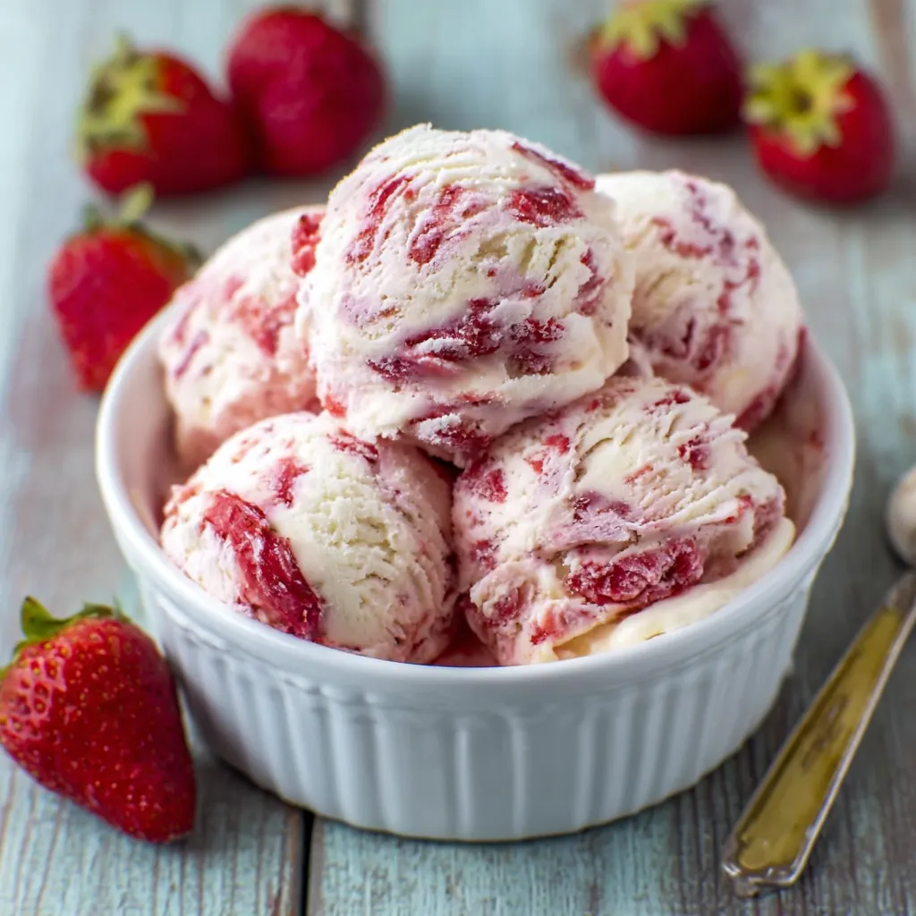 Glace maison fraise et vanille servie en boules dans une coupe avec coulis de fraises
