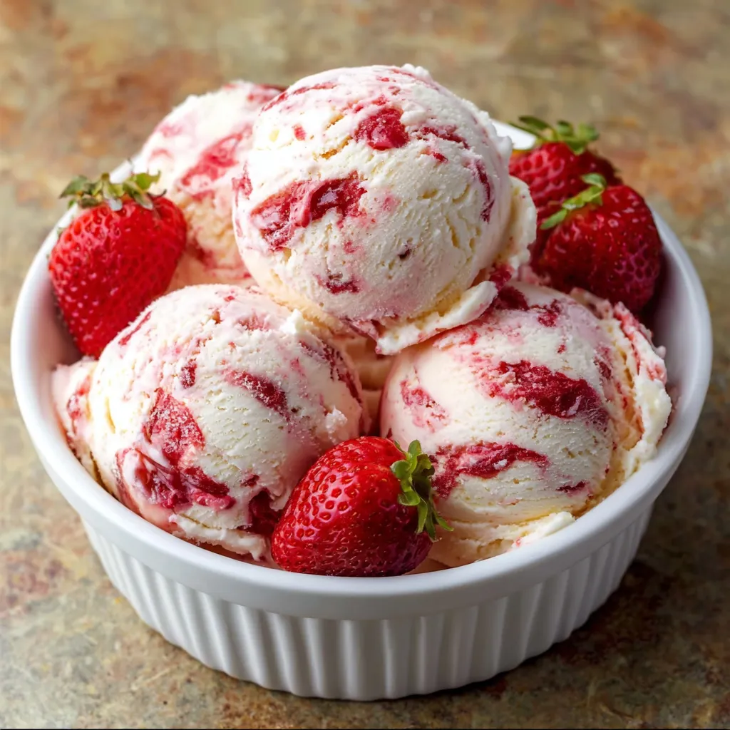 Glace maison fraise et vanille servie en boules dans une coupe avec coulis de fraises