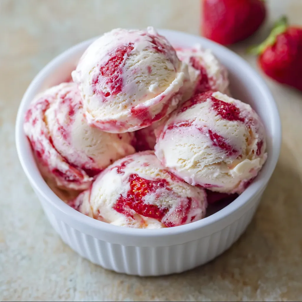 Glace maison fraise et vanille servie en boules dans une coupe avec coulis de fraises