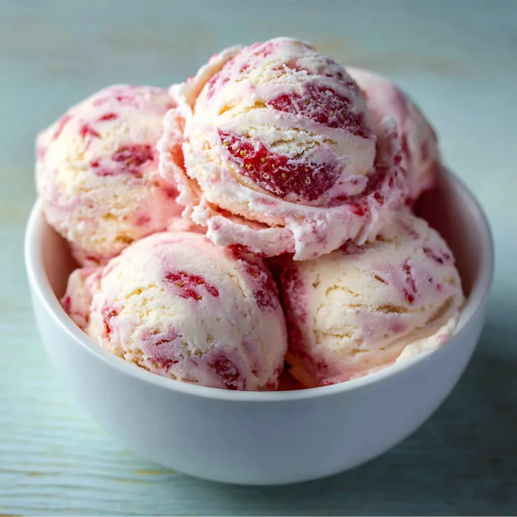 Glace maison fraise et vanille servie en boules dans une coupe avec coulis de fraises