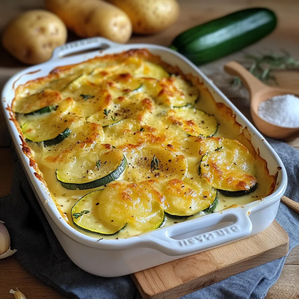 Gratin dauphinois aux courgettes maison dans un plat en céramique doré au four