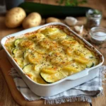 Gratin dauphinois aux courgettes maison dans un plat en céramique doré au four