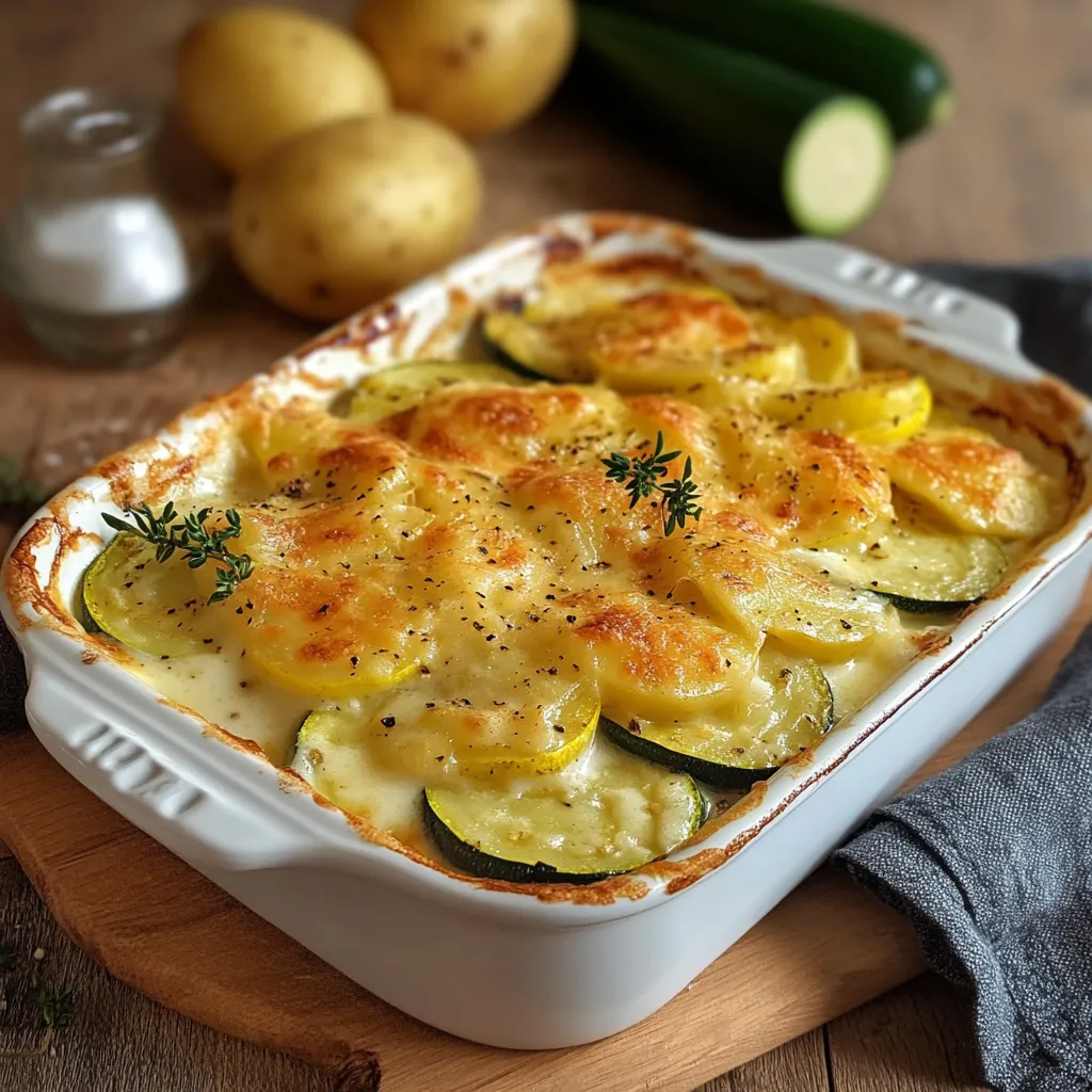 Gratin dauphinois aux courgettes maison dans un plat en céramique doré au four