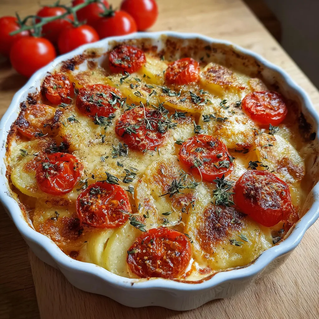 Gratin de pommes de terre, tomates et mozzarella doré au four dans un plat familial