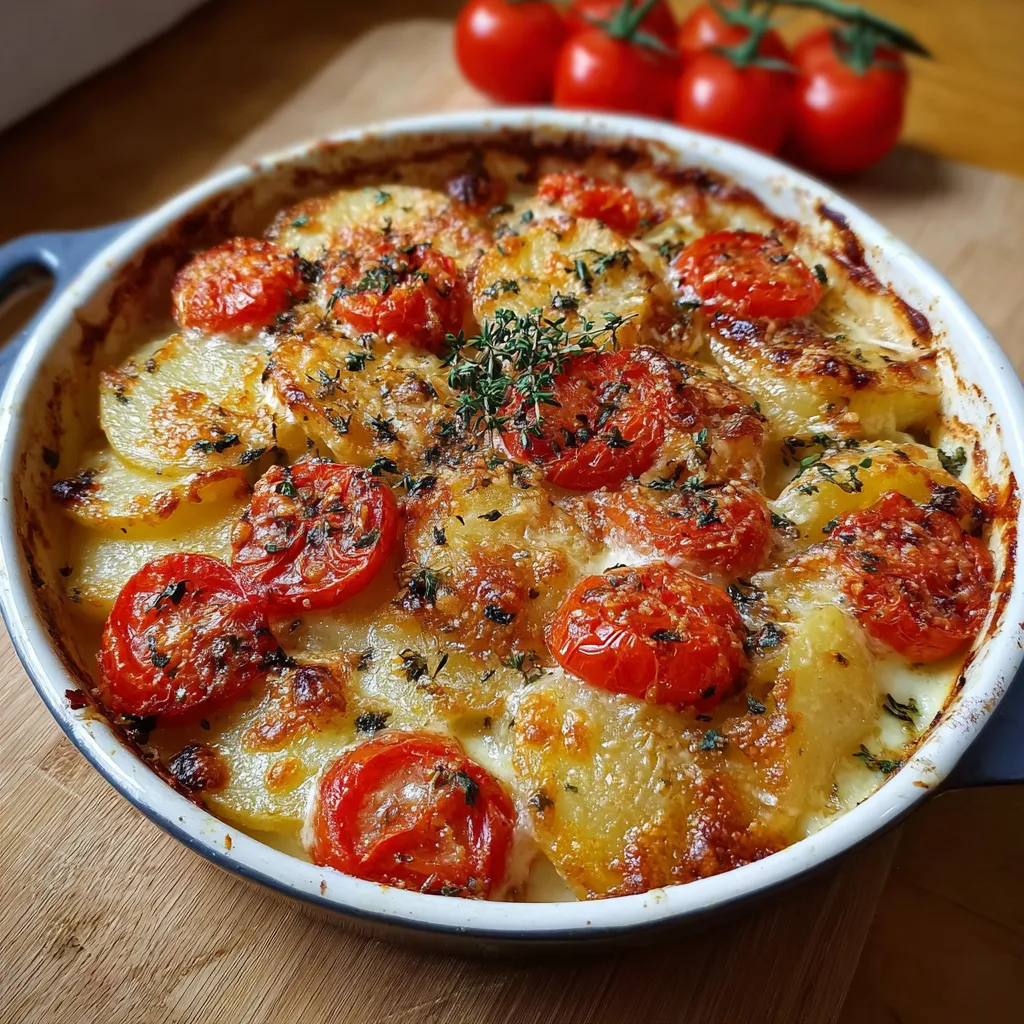 Gratin de pommes de terre, tomates et mozzarella doré au four dans un plat familial