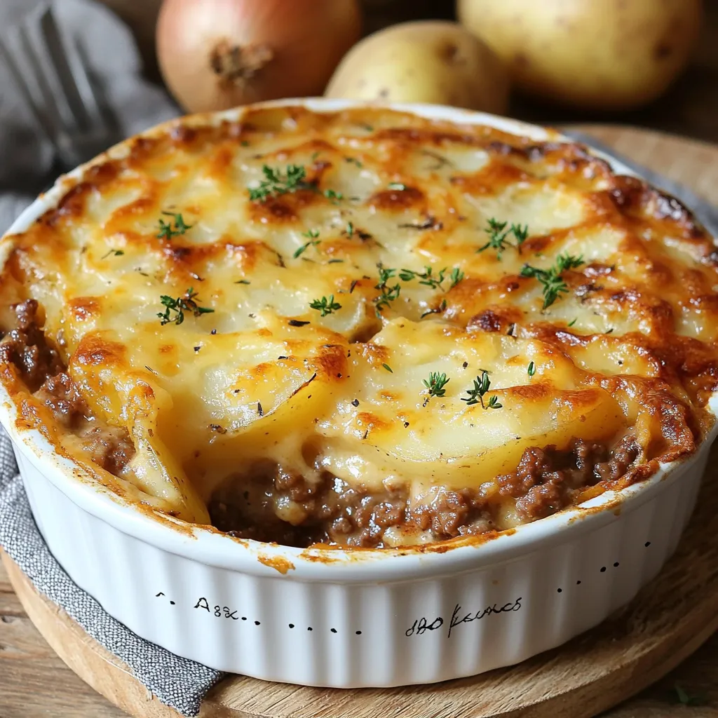 Gratin de pommes de terre au bœuf haché dans un plat en céramique doré au four