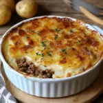 Gratin de pommes de terre au bœuf haché dans un plat en céramique doré au four