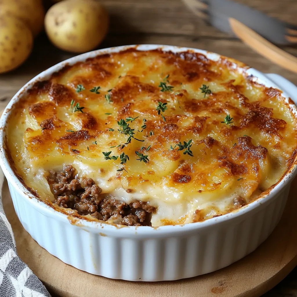 Gratin de pommes de terre au bœuf haché dans un plat en céramique doré au four