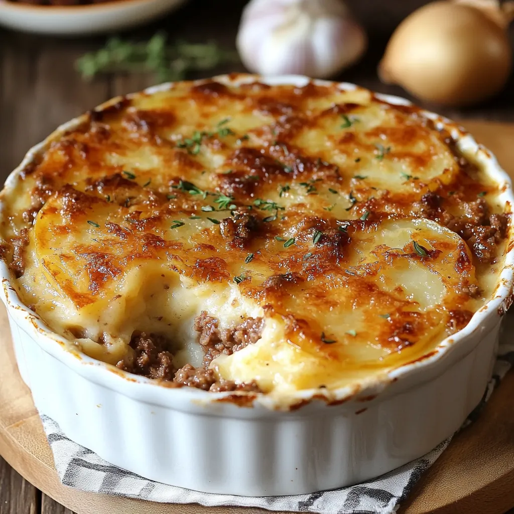 Gratin de pommes de terre au bœuf haché dans un plat en céramique doré au four
