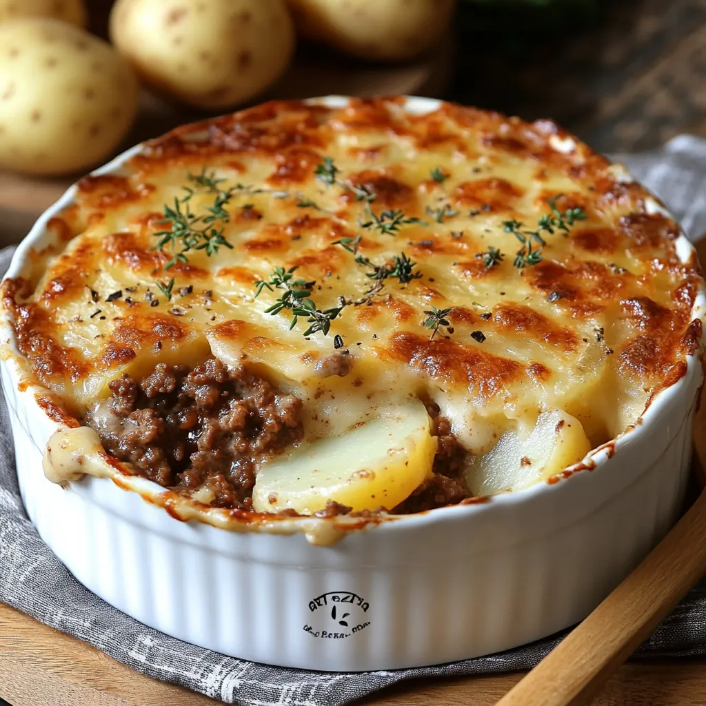 Gratin de pommes de terre au bœuf haché dans un plat en céramique doré au four