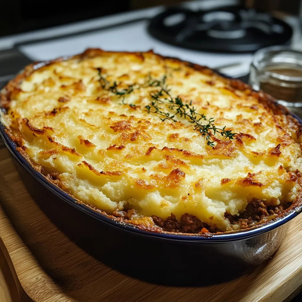 Plat de hachis parmentier doré sorti du four avec purée et fromage gratiné