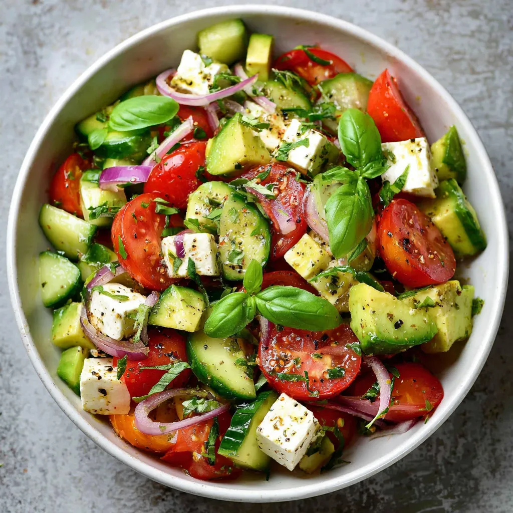 salade estivale avec avocat, feta, roquette et tomates cœur de bœuf