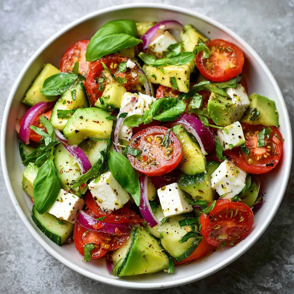 salade estivale avec avocat, feta, roquette et tomates cœur de bœuf