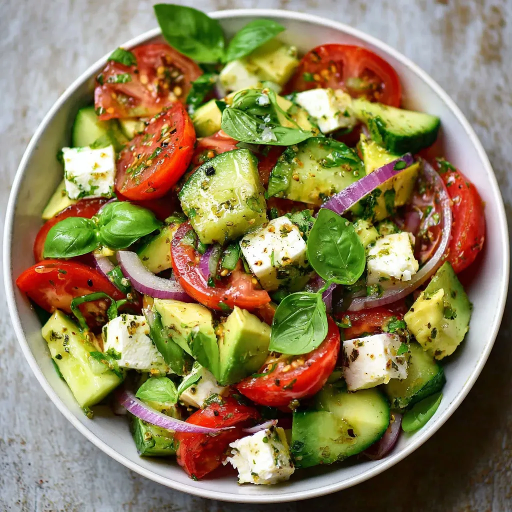 salade estivale avec avocat, feta, roquette et tomates cœur de bœuf