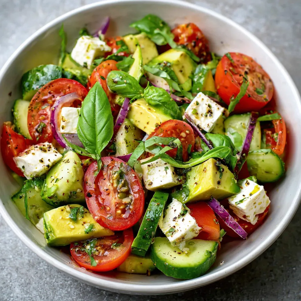 salade estivale avec avocat, feta, roquette et tomates cœur de bœuf