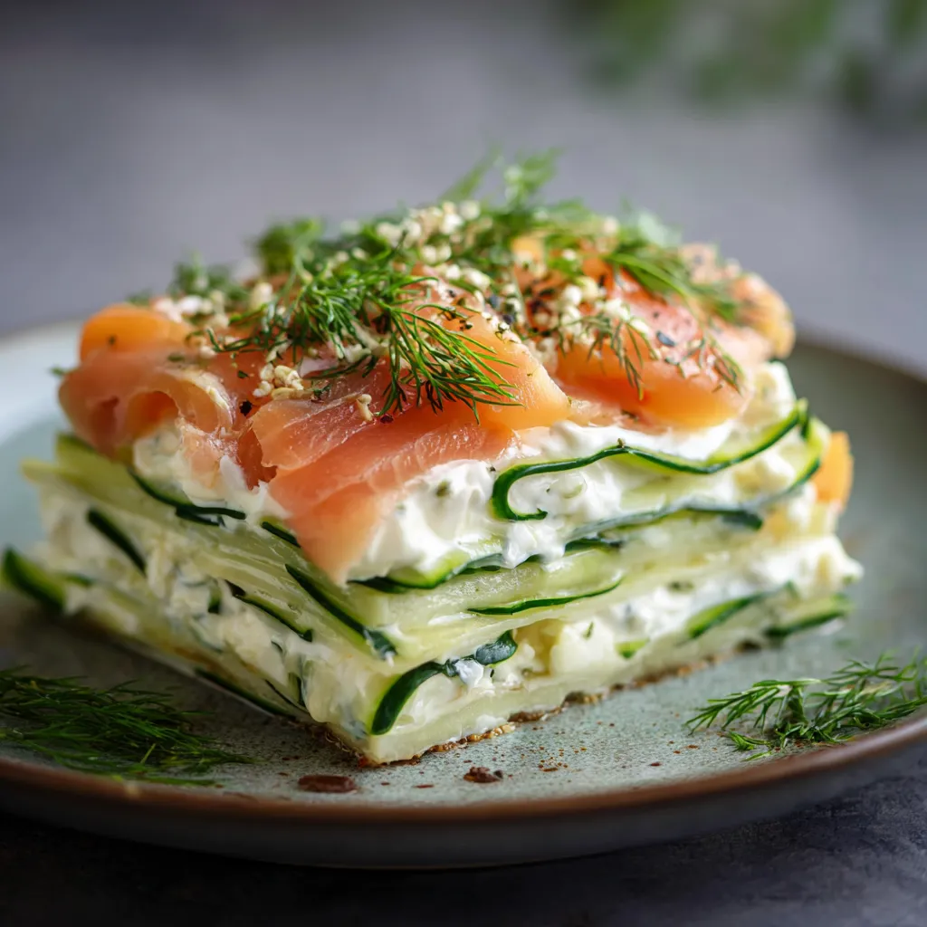 Lasagnes froides de concombre au saumon fumé et aneth servies en tranches individuelles sur une assiette blanche