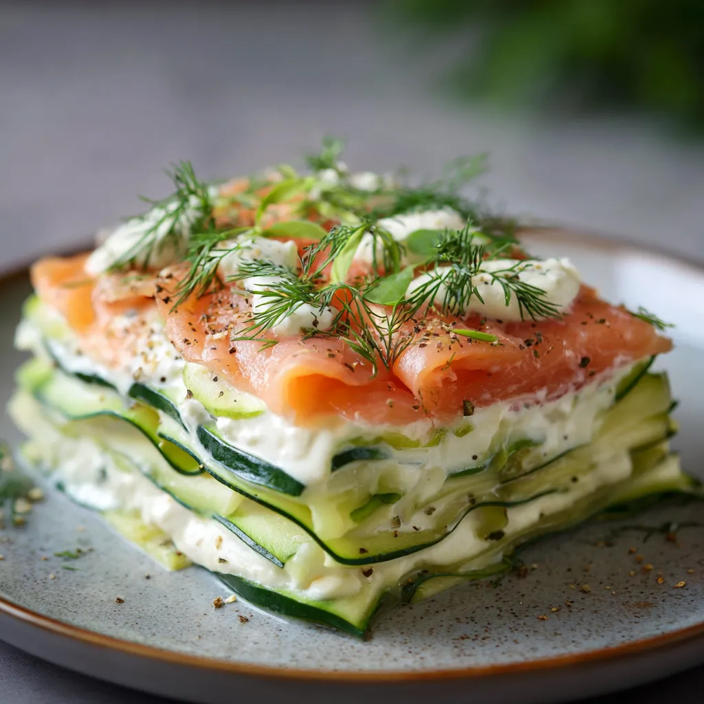 Lasagnes froides de concombre au saumon fumé et aneth servies en tranches individuelles sur une assiette blanche