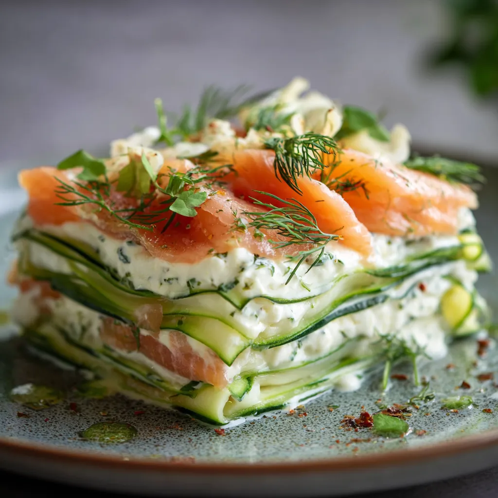 Lasagnes froides de concombre au saumon fumé et aneth servies en tranches individuelles sur une assiette blanche