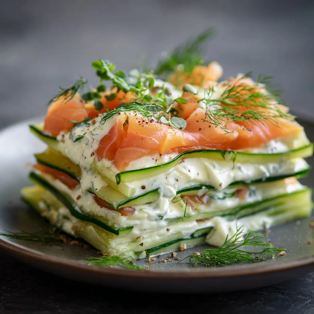 Lasagnes froides de concombre au saumon fumé et aneth servies en tranches individuelles sur une assiette blanche