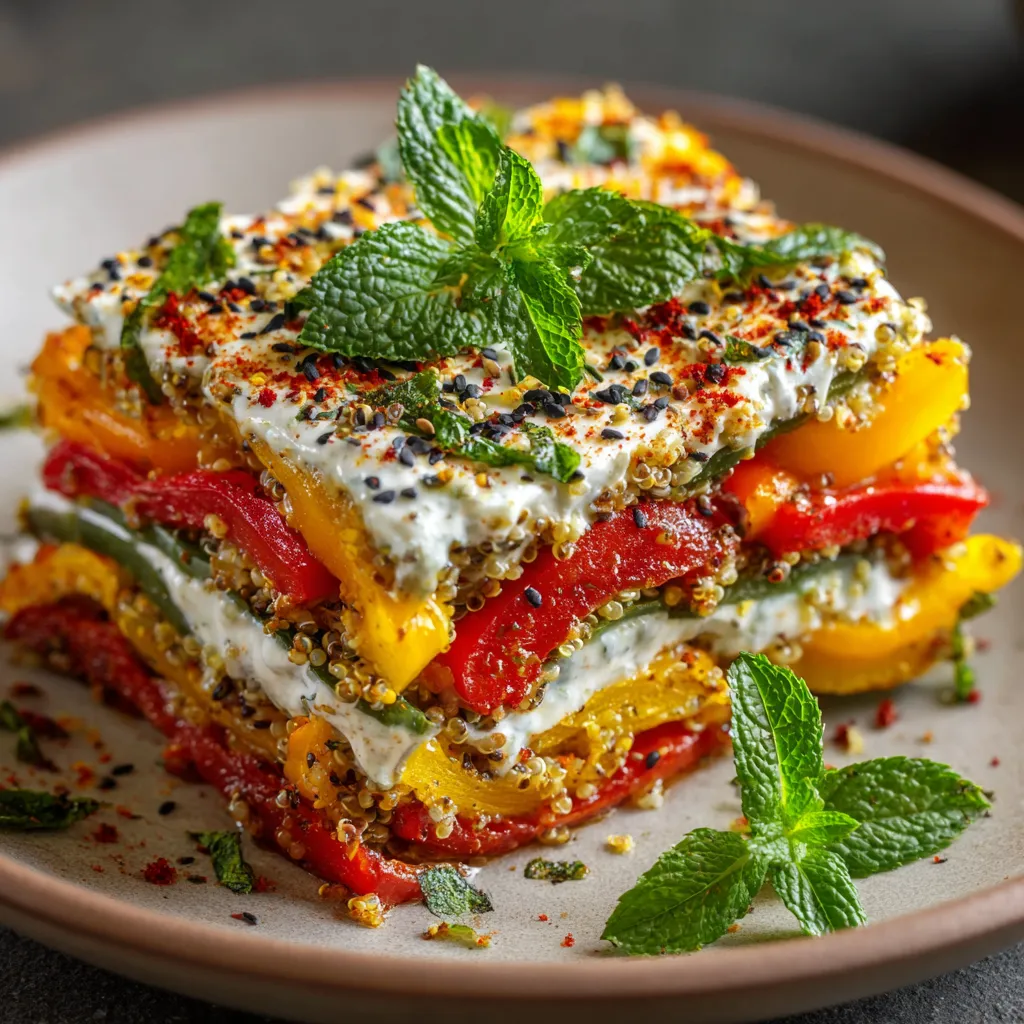 Lasagnes froides colorées aux poivrons grillés et sauce au yaourt citron-menthe dans un plat en verre