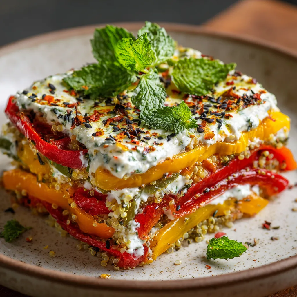 Lasagnes froides colorées aux poivrons grillés et sauce au yaourt citron-menthe dans un plat en verre