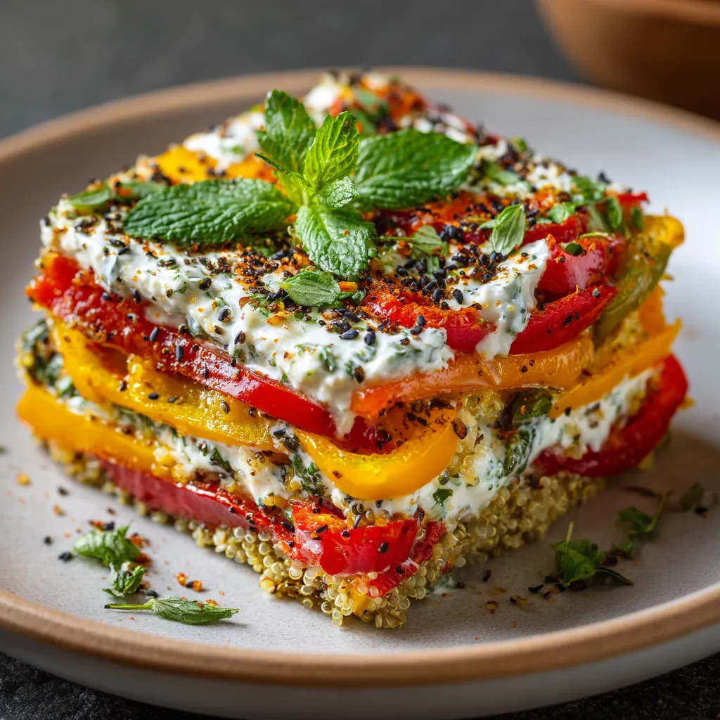 Lasagnes froides colorées aux poivrons grillés et sauce au yaourt citron-menthe dans un plat en verre