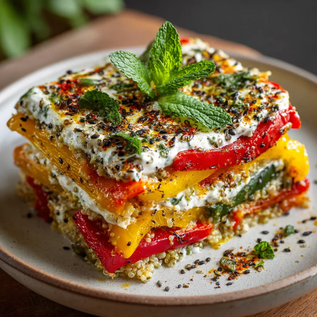 Lasagnes froides colorées aux poivrons grillés et sauce au yaourt citron-menthe dans un plat en verre
