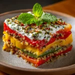 Lasagnes froides aux poivrons grillés, quinoa et sauce yaourt à la menthe dans un plat rectangulaire