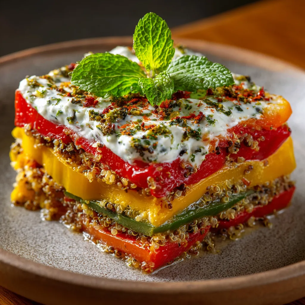 Lasagnes froides aux poivrons grillés, quinoa et sauce yaourt à la menthe dans un plat rectangulaire
