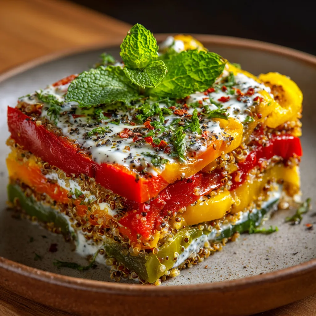 Lasagnes froides aux poivrons grillés, quinoa et sauce yaourt à la menthe dans un plat rectangulaire