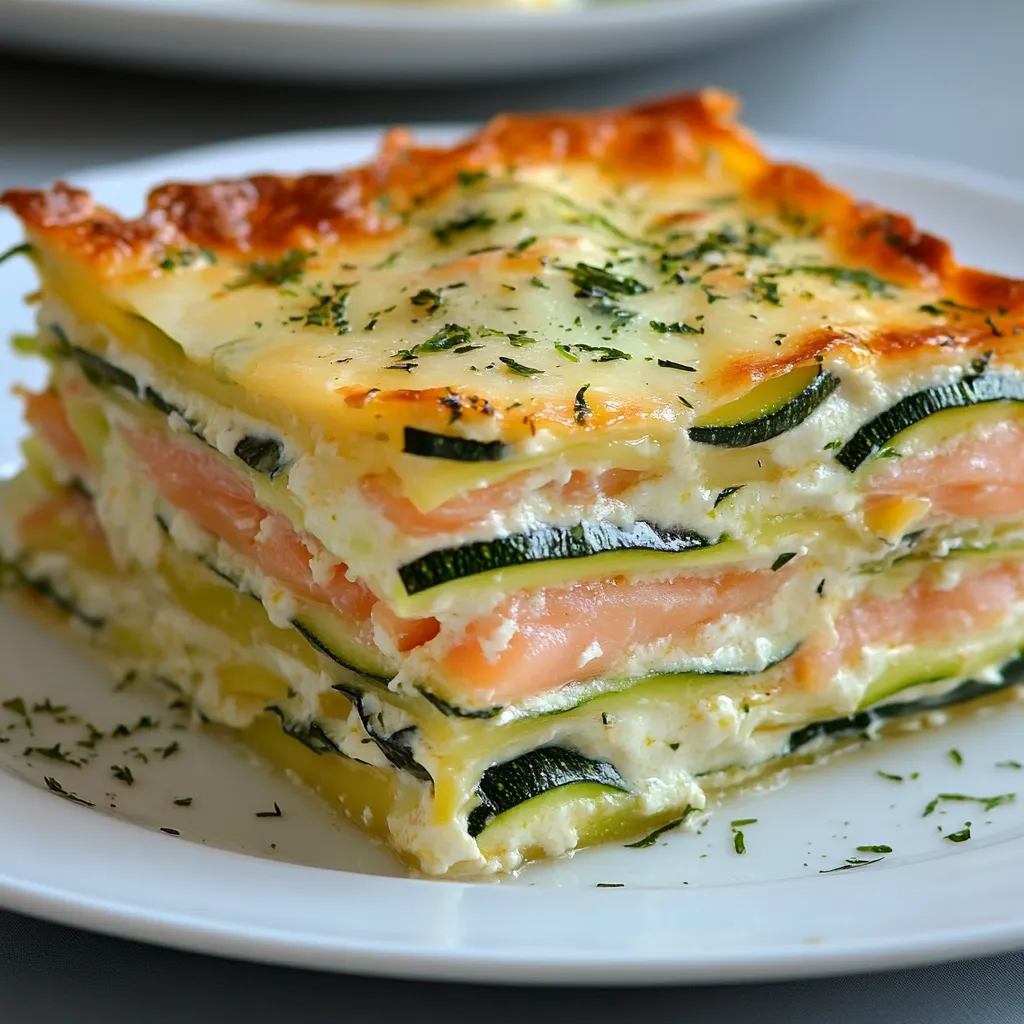 Plat de lasagnes aux courgettes et au saumon dans un plat à gratin, gratiné et doré au four