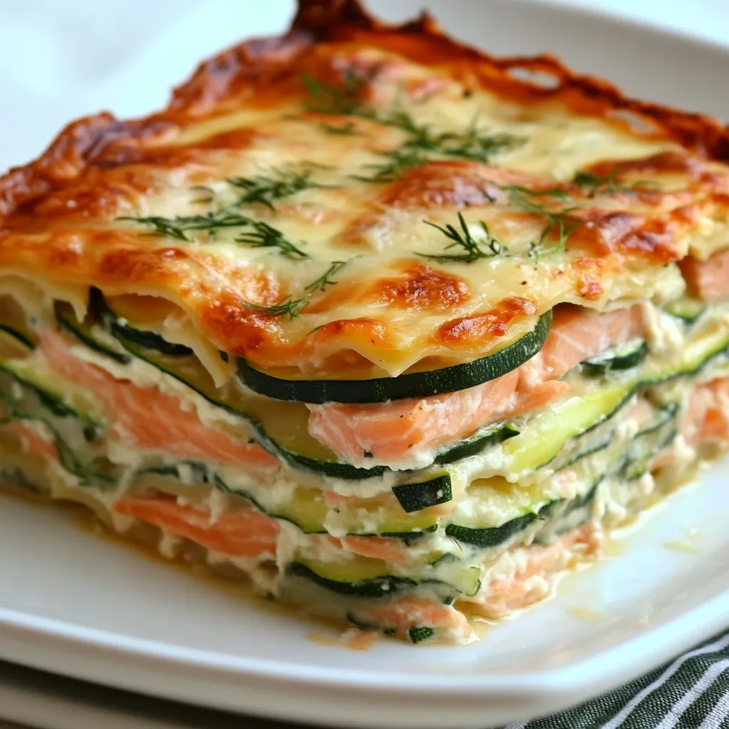 Plat de lasagnes aux courgettes et au saumon dans un plat à gratin, gratiné et doré au four