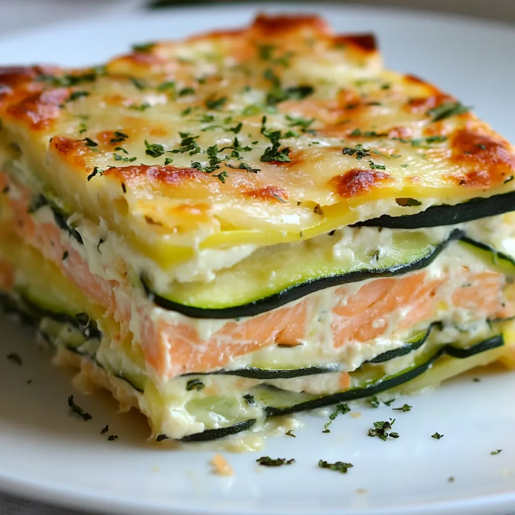 Plat de lasagnes aux courgettes et au saumon dans un plat à gratin, gratiné et doré au four
