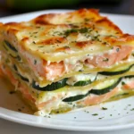 Plat de lasagnes aux courgettes et au saumon dans un plat à gratin, gratiné et doré au four