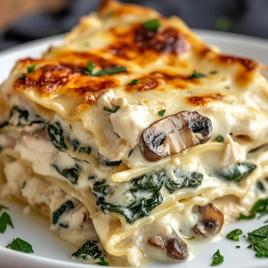Lasagnes blanches maison garnies de poulet, épinards et champignons gratinées au fromage
