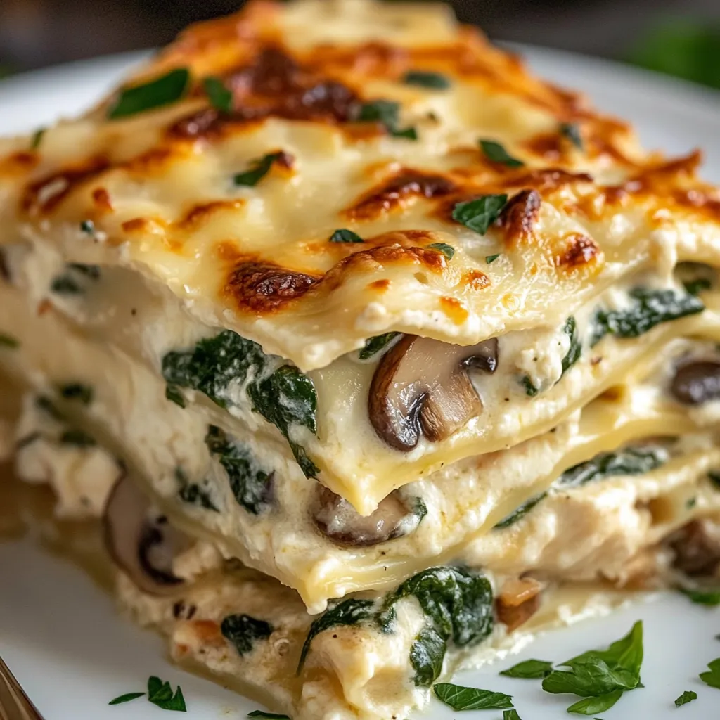 Lasagnes blanches maison garnies de poulet, épinards et champignons gratinées au fromage