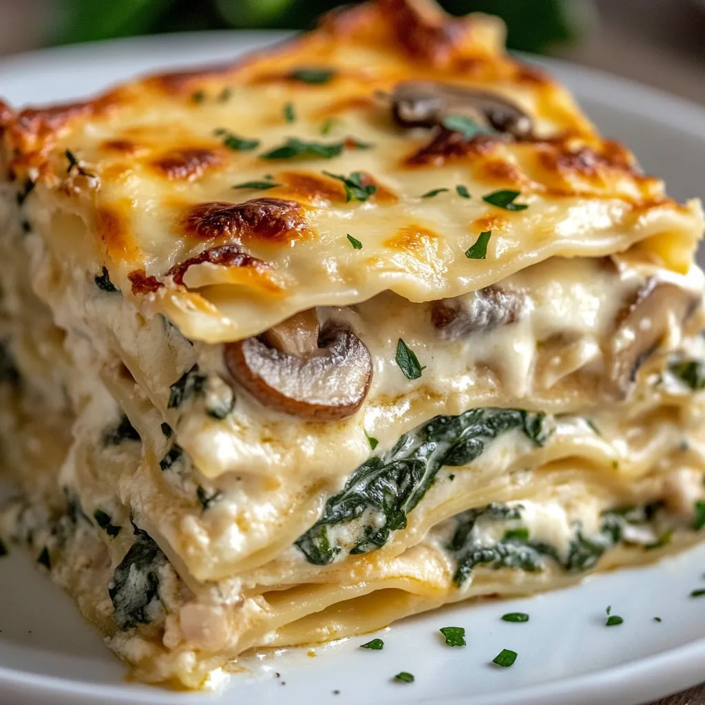 Lasagnes blanches maison garnies de poulet, épinards et champignons gratinées au fromage