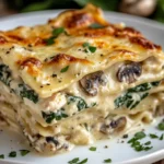 Lasagnes blanches maison garnies de poulet, épinards et champignons gratinées au fromage