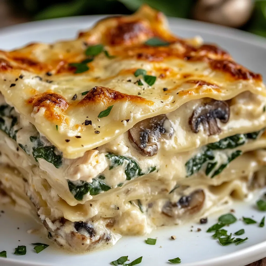 Lasagnes blanches maison garnies de poulet, épinards et champignons gratinées au fromage