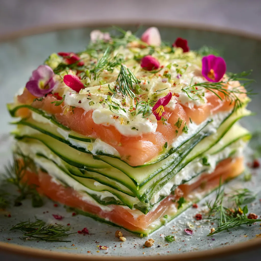 Lasagnes d'été au saumon et concombre dans un plat en verre, servies froides avec des herbes fraîches