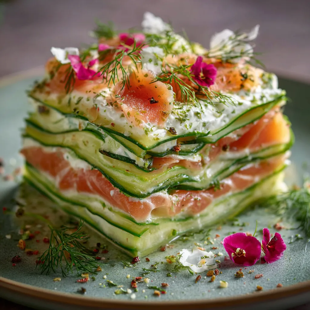 Lasagnes d'été au saumon et concombre dans un plat en verre, servies froides avec des herbes fraîches