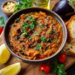 Caviar d’aubergine marocain traditionnel, servi dans une assiette en terre cuite avec pain pita