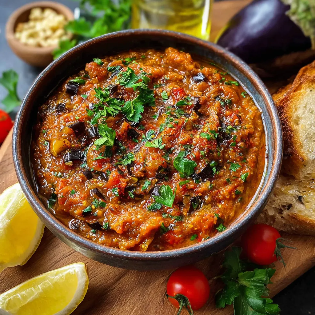 Caviar d’aubergine marocain traditionnel, servi dans une assiette en terre cuite avec pain pita