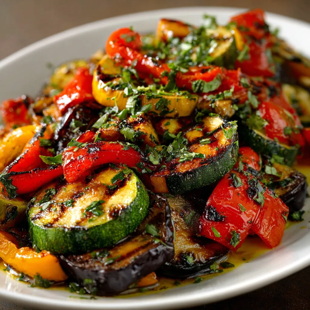 Légumes grillés au balsamique et herbes fraîches sur une assiette colorée