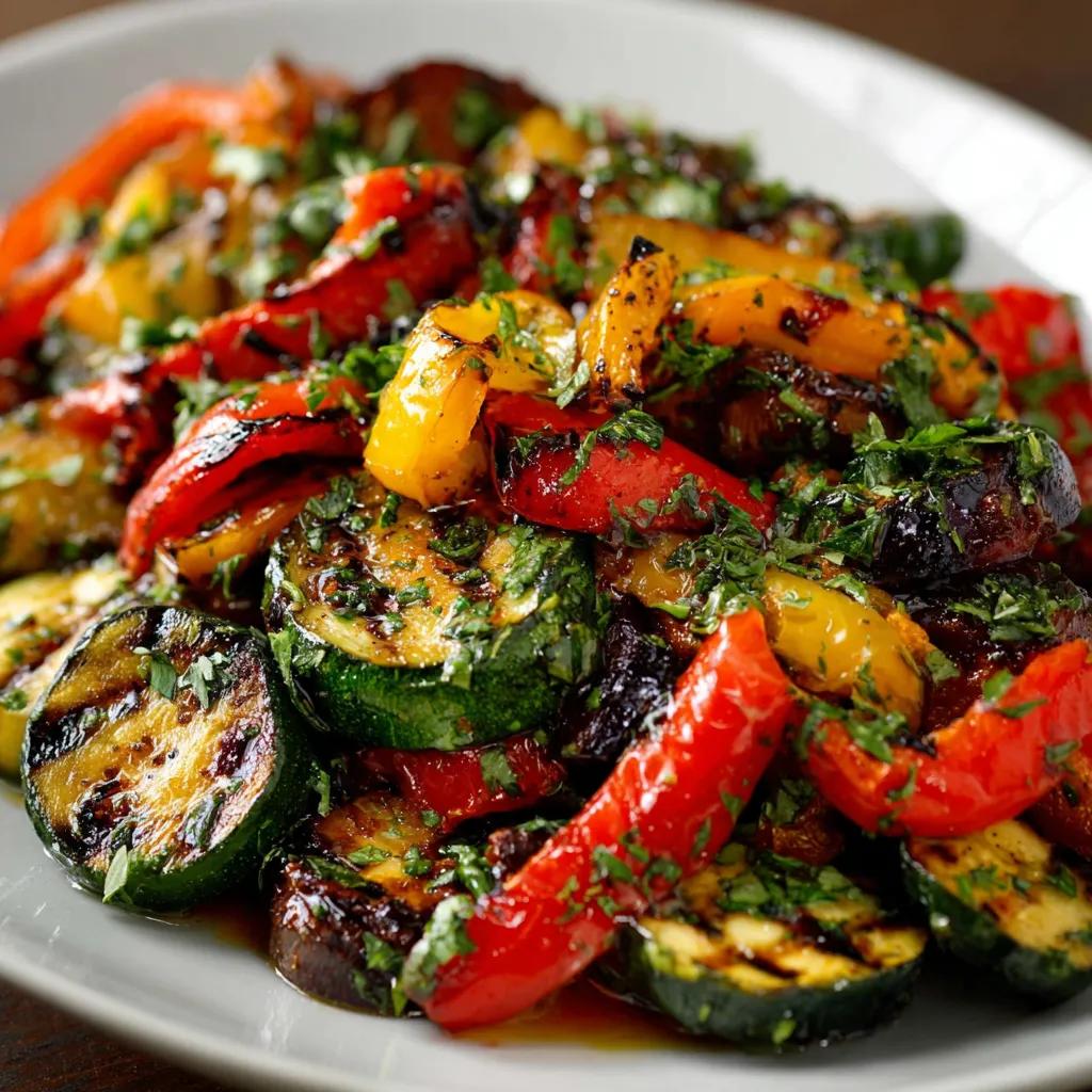 Légumes grillés au balsamique et herbes fraîches sur une assiette colorée