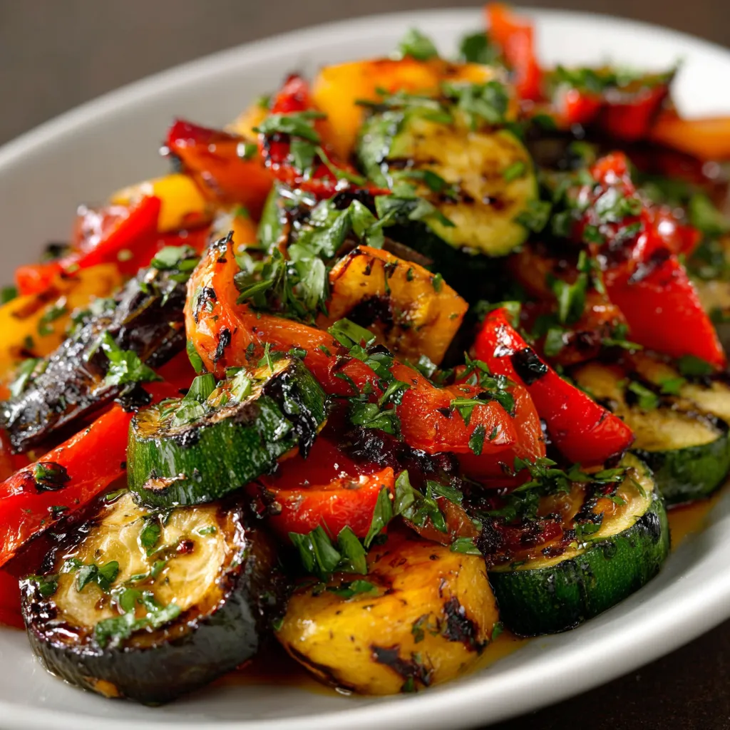 Légumes grillés au balsamique et herbes fraîches sur une assiette colorée