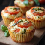 Muffins salés à la tomate, mozzarella et basilic sortant du four